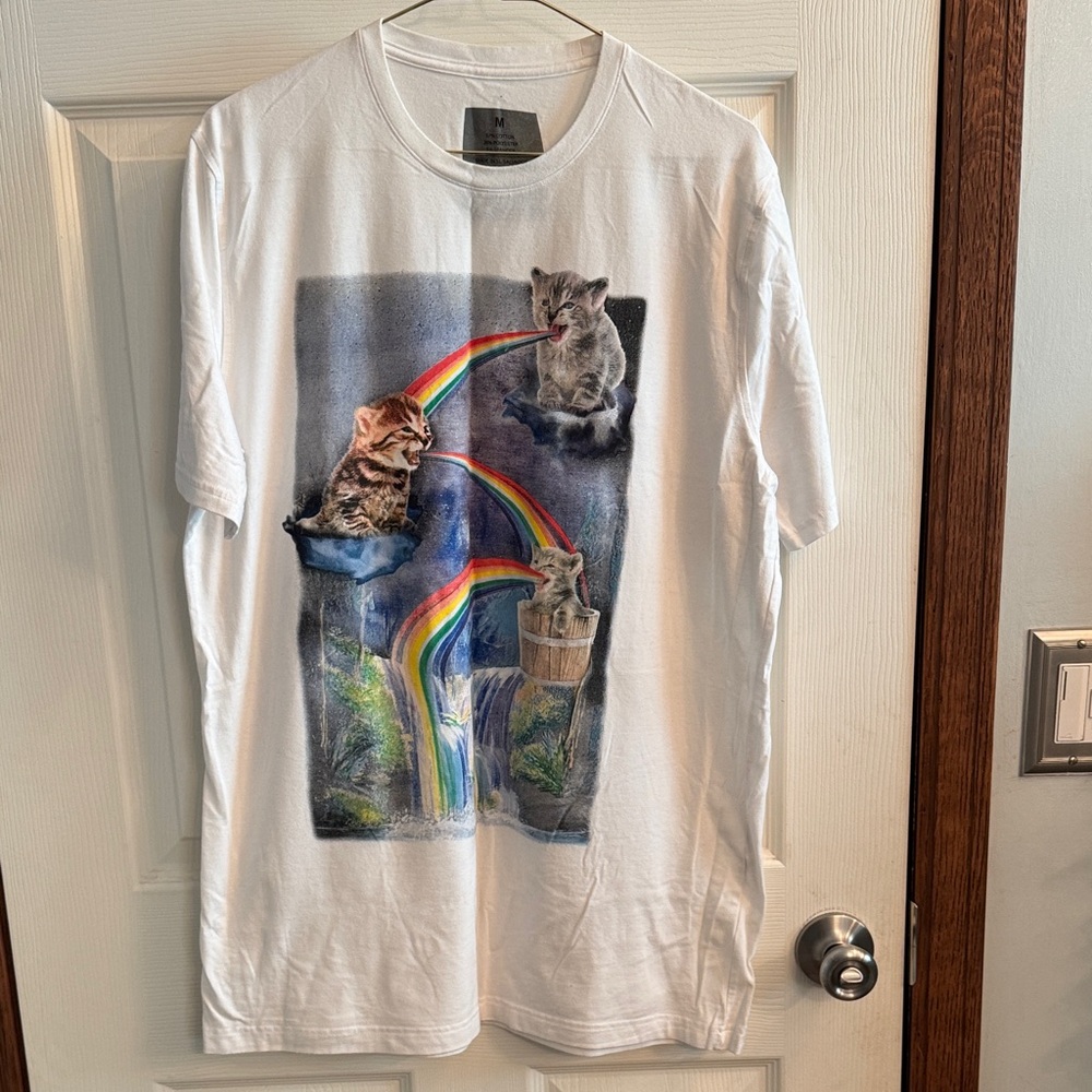 Playful Cats White T-Shirt with Rainbow Design‎